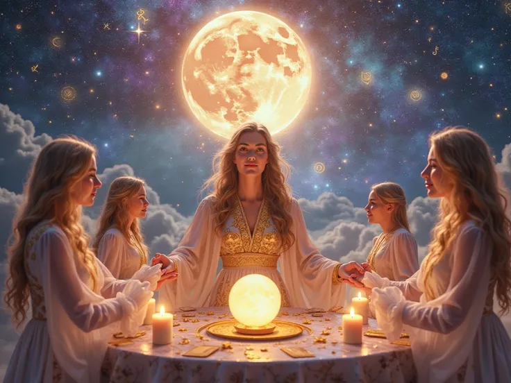 A mesmerizing and mystical Facebook cover featuring a confident and enlightened spiritual coach seated at a beautifully decorated celestial table. She wears a flowing, ethereal robe embellished with intricate golden celestial symbols, radiating wisdom, pea...