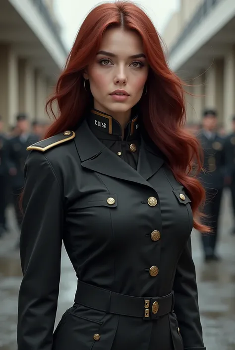 Realistic without exaggeration, well-done features and subtle,  Woman,  athletic physique , sharp and attractive light brown look a bit tight, dark red voluminous long hair,  side fringes, delicate face,  black military uniform , At the barracks