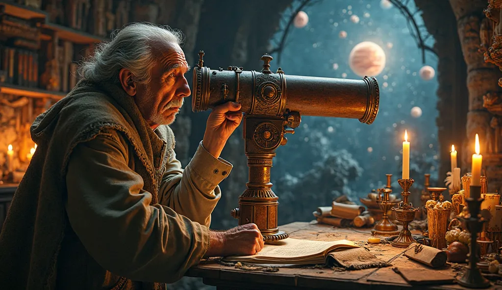 An ancient scientist using a telescope centuries before Galileo, predicting planetary movements with stunning accuracy.