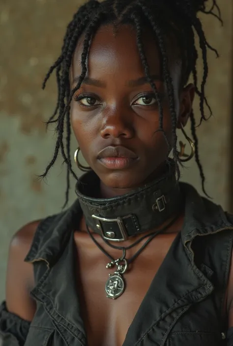  2025  sexy 18 year old legal Registered chattel African female house slave.  She wear permanent shockcollar with fridchip.   She wear  slave dystopian female clothes.  She has  obedient slavegirl haircutstyle .  