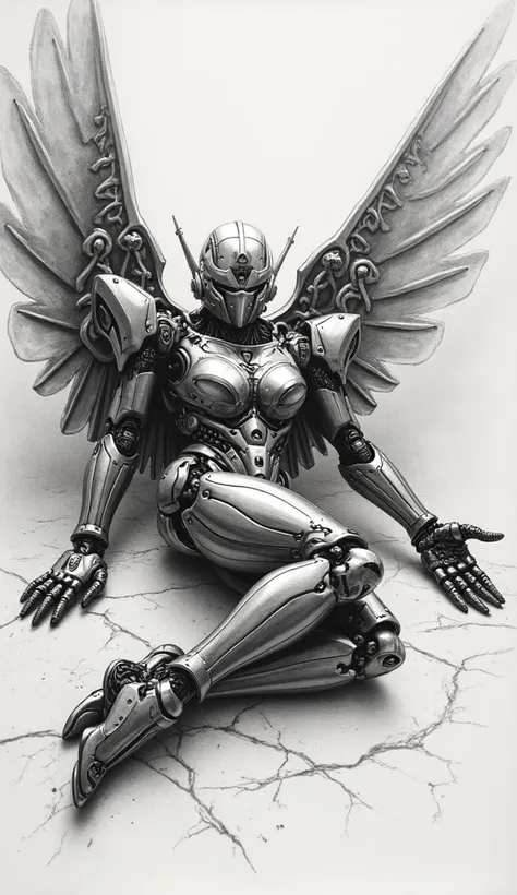 A Hajima Sorayama style charcoal drawing of Starscream character from the Transformers series female body ,Robotics ,With airplane wings ,sensual play boy , lying on the floor ,A Transformers male body ,Terrifying male face, Reaching out his hand