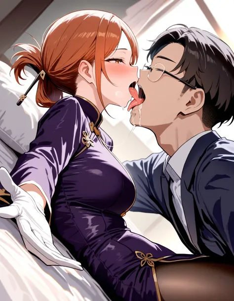 1girl1boy, original, original, explicit, 40 years old, dark purple qipao, long sleeves, rimless glasses,, lying, dark orange hair, parted bang hairpin, bedroom, white gloves, folded ponytail, black pantyhose, reaching out, (saliva:5.0), (drooling:1.3),open...