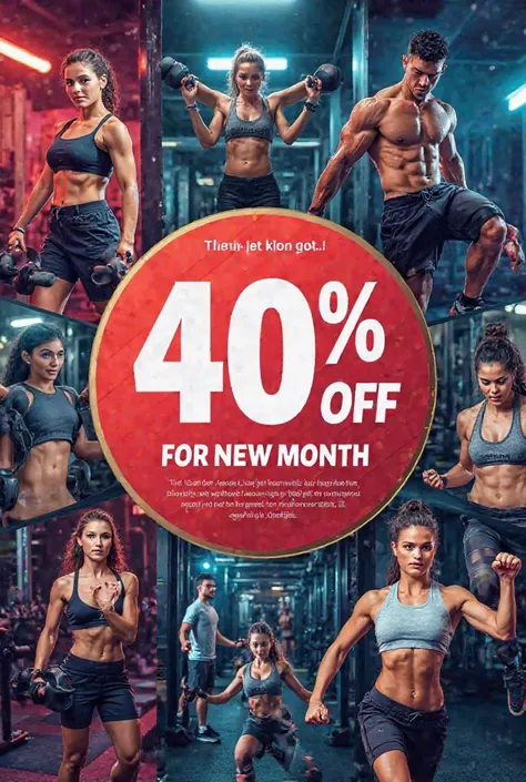 Genrate a template for gym advertisment with 40% off for new customers for one month, 100% real image