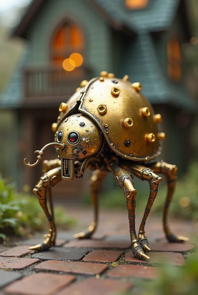 a small headless golden ladybug-like clockwork automaton cleaning with a broom, it is made of brass and copper. has 4 spider-like spiky pointy legs. has no head. headless. the dots on the back are also golden and bumpy. is slightly menacing. fantasy house ...