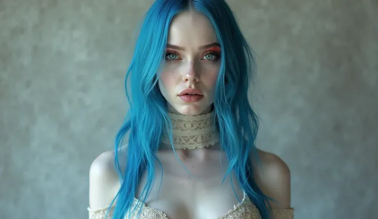 A hauntingly beautiful portrait of a pale, ethereal woman with deep, piercing blue eyes and long, straight, **bright blue hair** that flows past her waist. Her complexion is ghostly white, almost translucent, with an eerie, otherworldly beauty. She wears a...