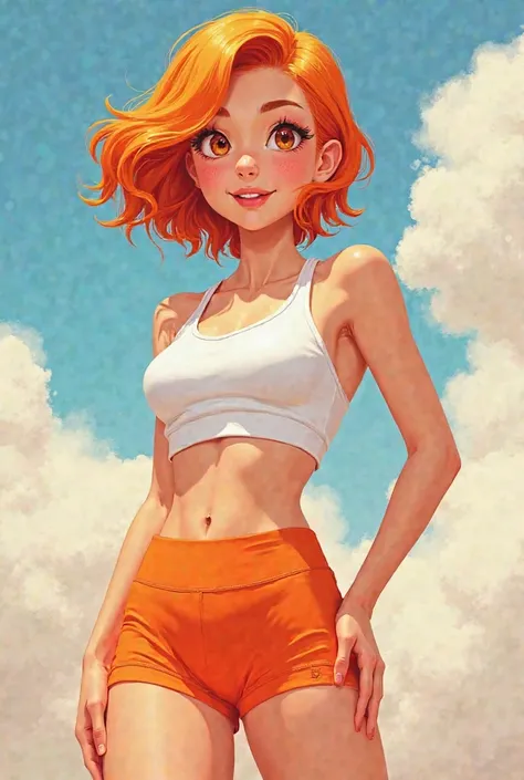 Make a cute age girl with very short orange lululemon booty shorts and white crop top