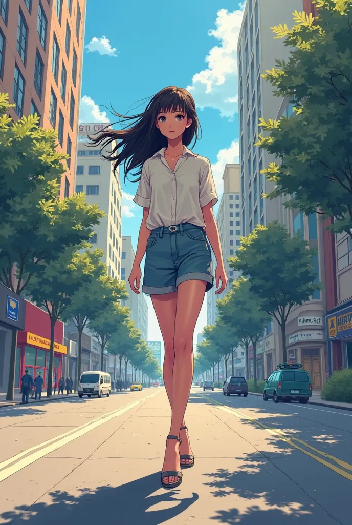 A young woman is walking on the street,
long shot, Anime Style