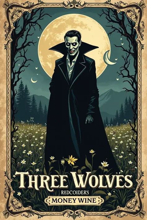 Wine label 
Three Wolves Meadstillery 
Nosferatu Gothic Victorian vintage style 
"Vampire bite"