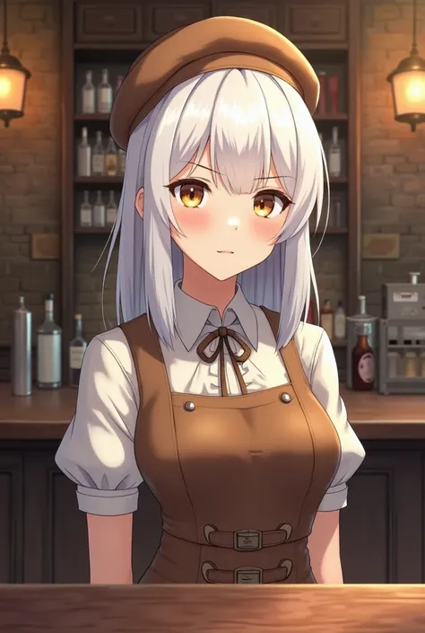  anime bartender girl with white hair below her shoulders, golden eyes and a calm face without a smile, the person behind the bar, in a brown vintage bartender costume and a small-brimmed hat of the same color. in the background should be an old bar