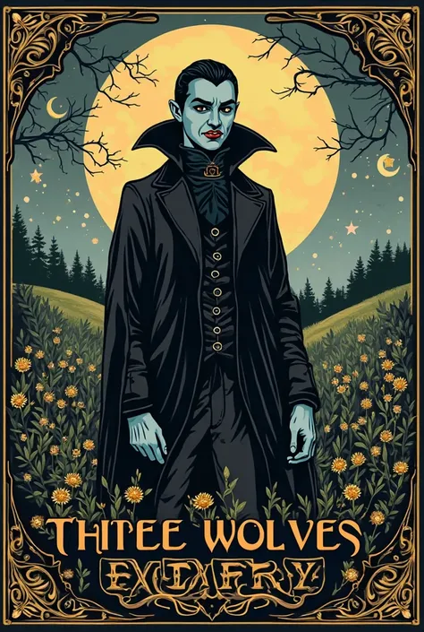 Wine label 
Three Wolves Meadstillery 
Nosferatu Gothic Victorian vintage style 
"Vampire bite"