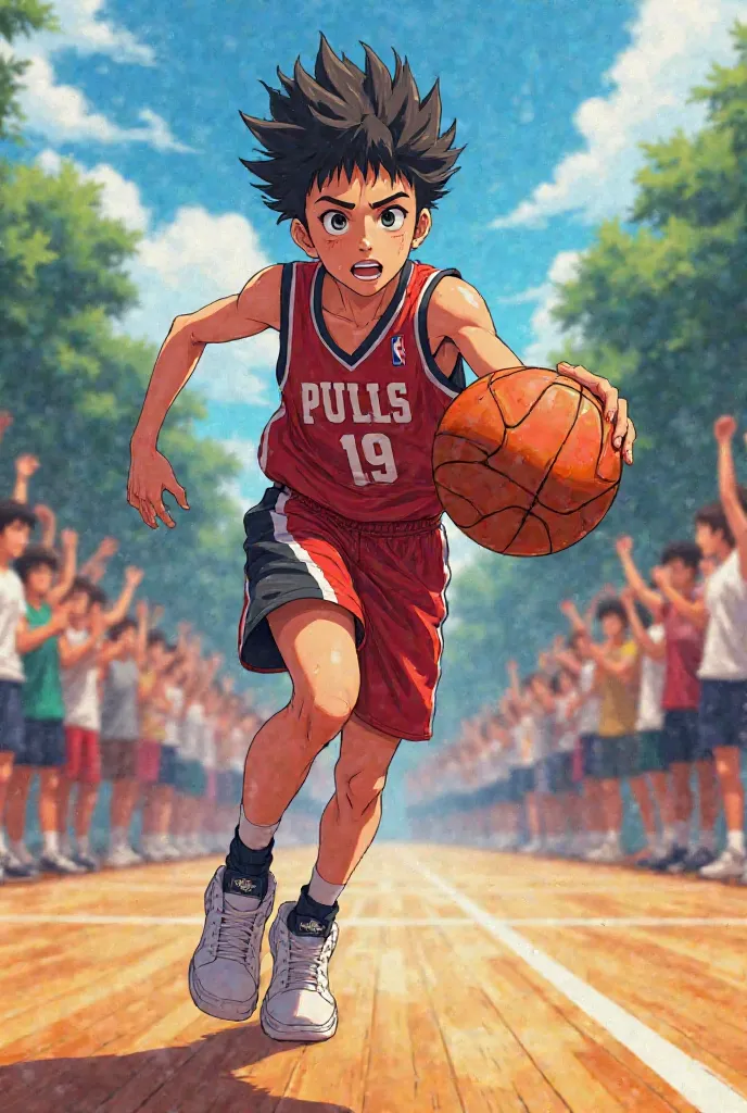 Create a 16-year-old boy playing basketball on an anime version of a basketball team