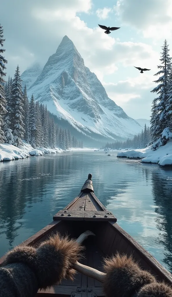 "A first-person view of a Viking warrior sailing an icy fjord, with an ax and furs covering his hands. The water reflects the majestic snow-capped mountain ahead, while ravens fly in the cloudy sky. The detailed wooden boat shows signs of use, and the rive...