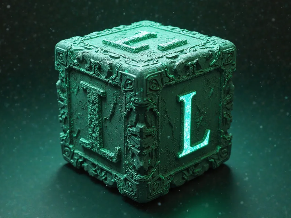 Make a cube, with shiny details in lake green, and on all sides the letter Li is written in ultra detailed style, the letter Li is in the middle of the cube, the letter Li is ultra detailed with ancestral marks, and all sides show the letter Li, the Li are...