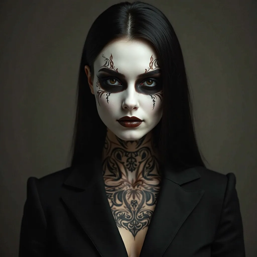 "A mysterious woman wearing an elegant, well-fitting black suit, exuding confidence and mystery. Her face is covered by a delicate porcelain white mask, with subtle and artistic details. The mask's eyes are dark and empty, framed by smoky shadows that enha...