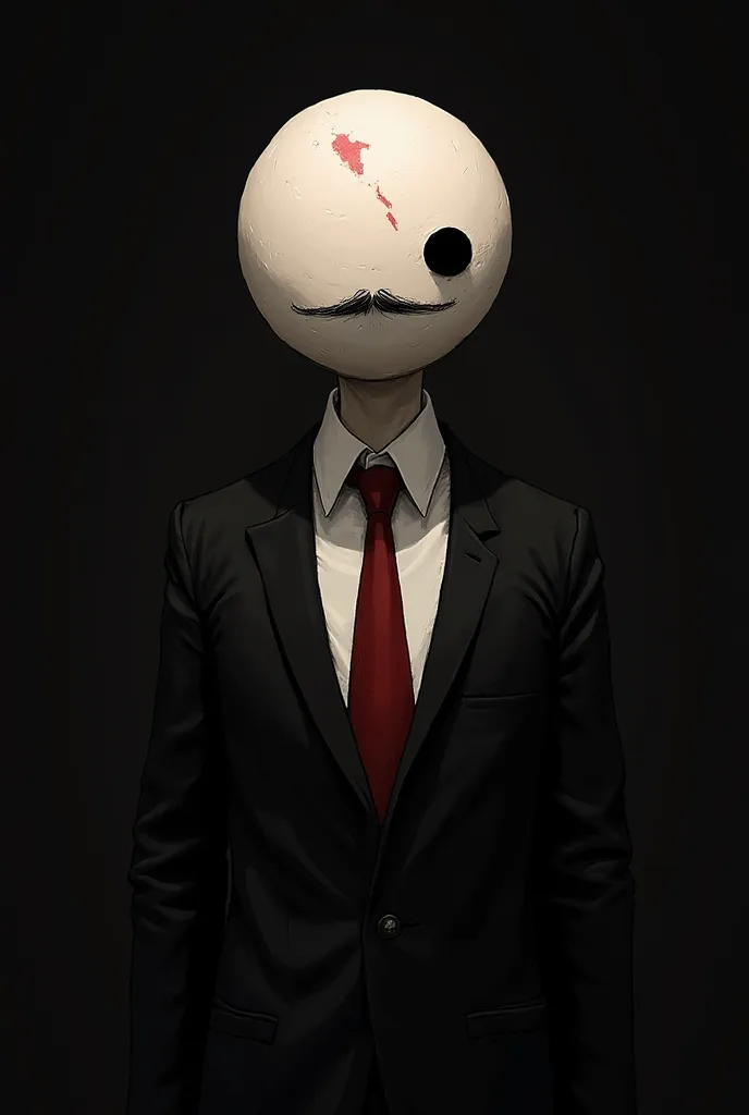 "A dark, mysterious character with a simplistic yet eerie design. The character has a round, pale face with minimalistic facial features, including a small black eye, a mustache, and a slightly open mouth. There is a red scar on the upper right forehead. T...