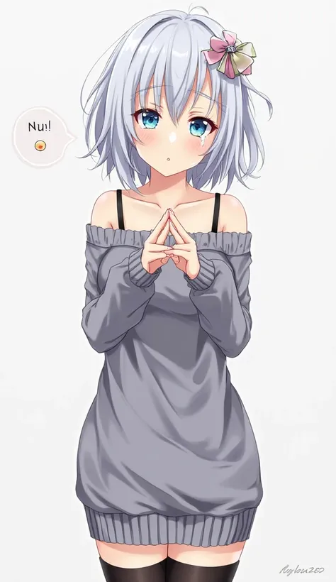  Female Anime Girl , anime character,full body,solo, bright blue eyes, silver hair, bob cut, High Resolution, masterpiece, accurate, Highest quality, big breasts, bow bra, (embarrassed expression:1.5),crying:1.5,(I Sweated:1.2), off-shoulder knit dress, bl...