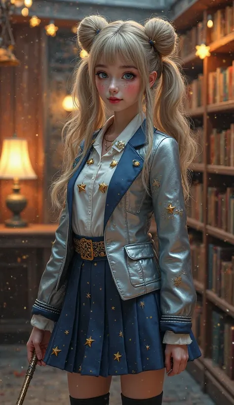 Ultra-realistic portrait of a 18-year-old woman in a magical schoolgirl cosplay:  
- Face: Soft oval shape with subtle high cheekbones, dark blonde hair styled in space buns with UV-reactive star clips, loose strands framing her face.  
- Eyes: Light blue-...