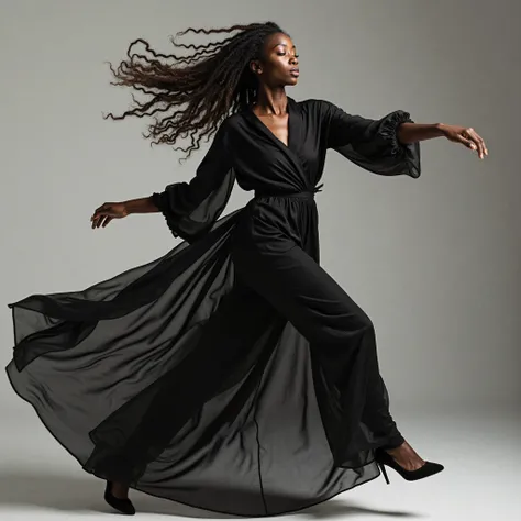 Black models photographed in motion,  with flowing fabrics , hair loose in the air and intense expressions. The poses defy gravity and create images that look like frames from a surrealist film. The idea is to capture the perfect moment between disorder an...