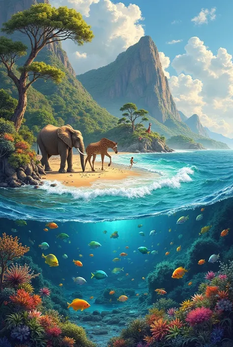 create an image of the sea, Earth, animals and trees full of bright colors