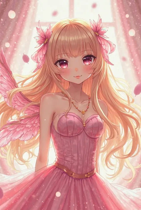 Pretty fairy girl。Leave a little bit of illustration-like。Her hair has a gradation of blond to pink。She has gorgeous feathers on her back that look like Victoria's Secret。Change the color to light pink with big eyes。