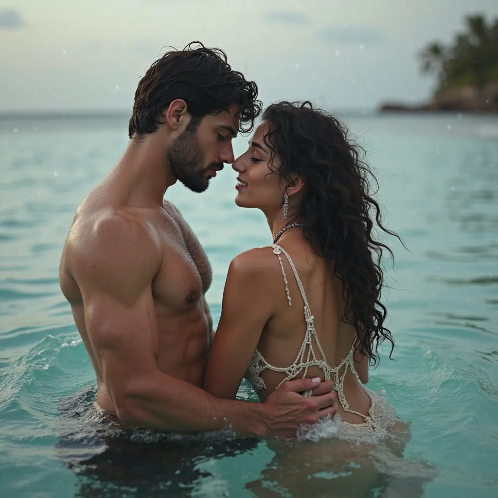 
Cree une image d’un couple dans un décors un peu ténébreux mais dans une île et dans l’eau !! Avec un homme torse nu et musclé et une femme au cheveux noir  mais rend le tout légèrement romantique quand même 