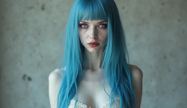 A hauntingly beautiful portrait of a pale, ethereal woman with deep, piercing blue eyes and long, straight, **bright blue hair** that flows past her waist. Her complexion is ghostly white, almost translucent, with an eerie, otherworldly beauty. She wears a...