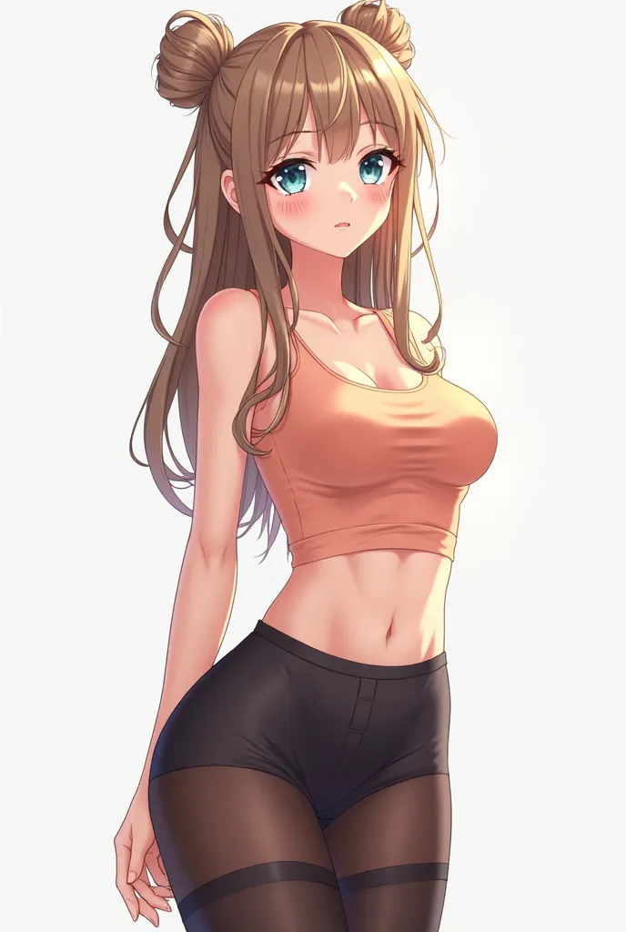 An anime girl with long light brown hair styled into two buns. She has large blue eyes, a gentle blush, and a mysterious facial expression. She is wearing a fitted peach-colored crop top and no panties, complemented by black stockings. The atmosphere is so...