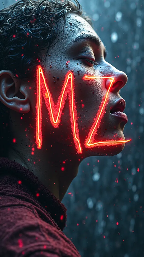 A profile picture with writing "MZ", The writing is very detailed, wet , dark the writing has drops of water, Are there rays of the sun that come from above, realistic in 4k,  Main colors , midnight blue and burgundy red, Are there playing cards.