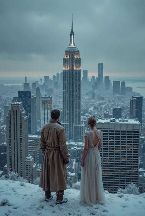 photorealistic image of a fully completely naked nude white woman and a fully completely naked nude white man looking at a post apocalyptic New York City covered in snow and ice under a dark sky with the frozen remains of Empire State Building in ruins