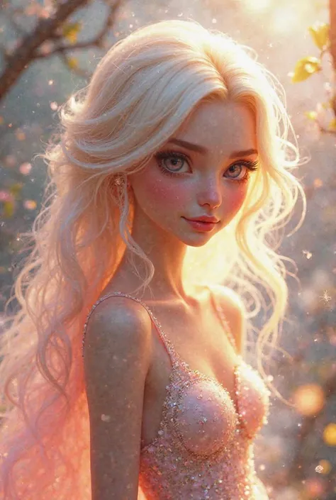 Pretty fairy girl。Leave a little bit of illustration-like。Her hair has a gradation of blond to pink。Change the color to light pink with big eyes。Make the dress look like a sparkling princess