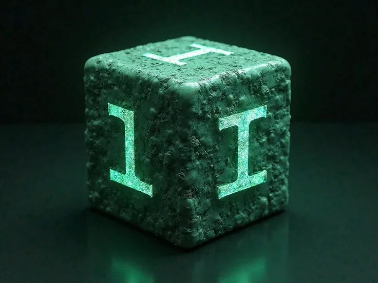 Make a cube, with shiny details in lake green, and on all sides the letter Li is written in ultra detailed style, the letter Li is in the middle of the cube, the letter Li is ultra detailed with ancestral marks, and all sides show the letter Li, the Li are...