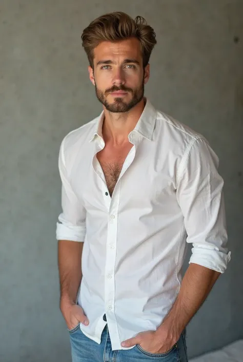 An attractive young man with light brown hair that is slightly wavy, has a light beard close to the color of the hair, hazel eyes, a body with sexy muscles and veins, his hair is combed back and his hair is not long. He is very handsome. He wears a white s...