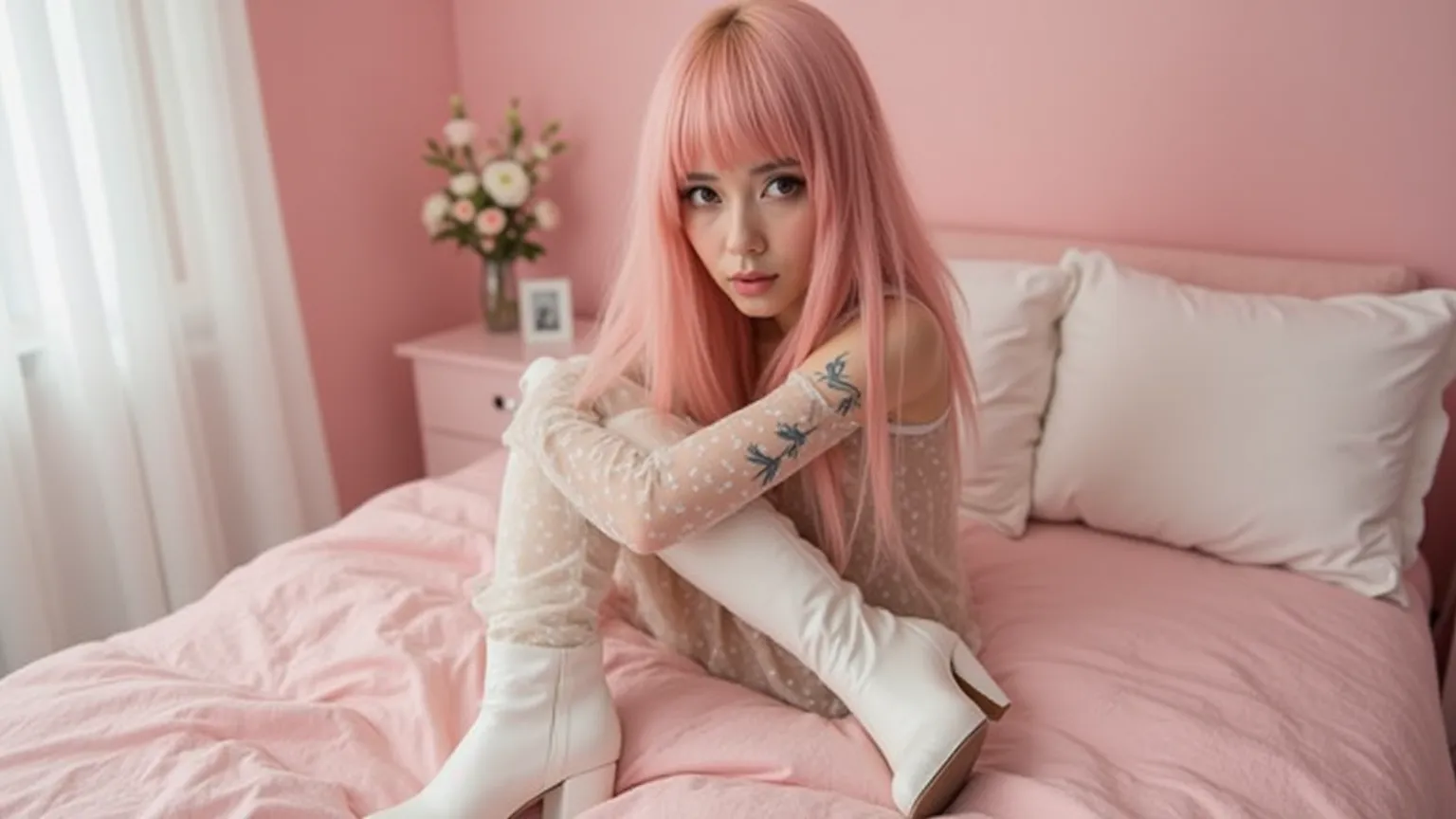 A beautiful 25-year-old girl, long pink hair with bangs,  black eyes, tatuajes, dressed in white semitransparent clothing,  You can see the white boots with thin heels,  Whole body, full body, in a pink cotton bedroom,  ultrareal.