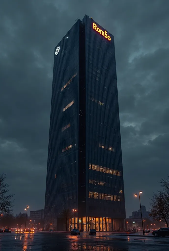 An agency building of highly trained agents in shades of black in Moscow, large building with the name Romão, realistic ultra HD 8k image at night without people 