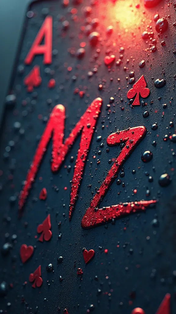 A profile picture with writing "MZ", The writing is very detailed, wet , dark the writing has drops of water, Are there rays of the sun that come from above, realistic in 4k,  Main colors , midnight blue and burgundy red, Are there playing cards.