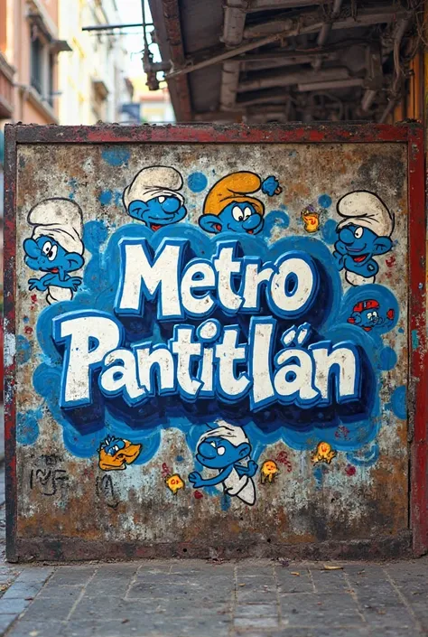 Sign with Metro Pantitlan words in white color and blue outline with a graffiti theme of the Smurfs