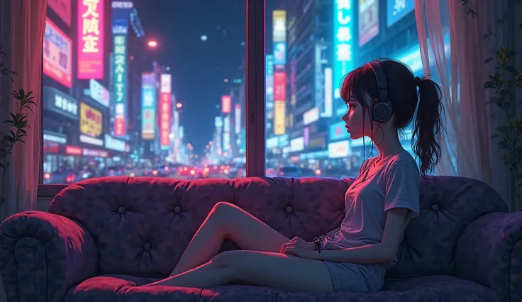  create an anime-style image using neon shades , of a woman sitting on a comfortable couch and leaning at a window and wearing headphones, looking out the window of a lofi, the movement through the night city.