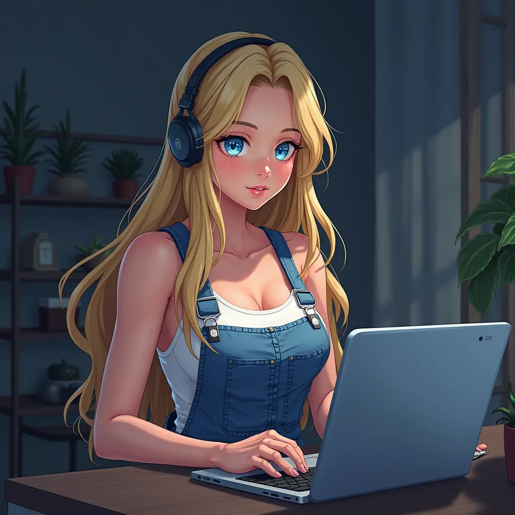 (anime woman, long blonde hair, blue eyes, White tank top, blue denim overalls, toned arms, at home, sitting in desk, typing on laptop, nighttime, wearing headphones, 