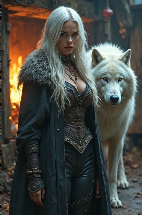 A Russian woman, long white hair, blue eyes, a white wolf next to her, she is wearing a full furr coat, leather pants and a corset. She is in a pub.