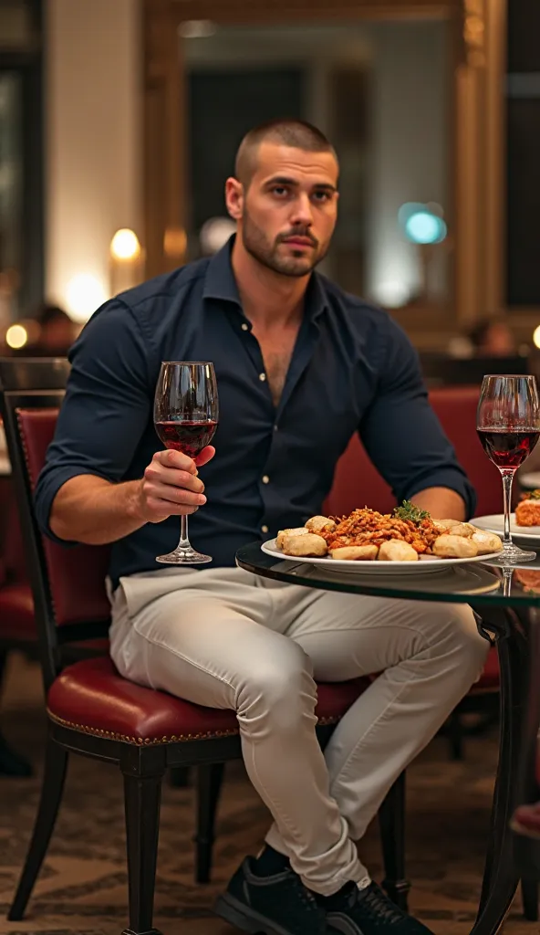  Young man 27 years old,buzz cut,athletic and muscular body ,sentado en un restaurante italiano  at night muy elegante,bar,the table is made of glass,above the table Italian food and red wine with two glasses,wears a navy blue shirt,white pants , elegant b...