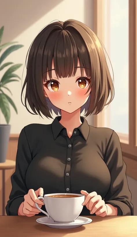 Anime Style Short Woman 1.55m chubby short hair on the shoulders bangs between the eyes perfect hands. Sitting at the table drinking coffee. BLACK BUTTON-DOWN BLOUSE WITH LARGE BREASTS.