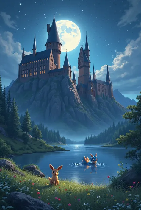 Hogwartd on a mountain,  it's nighttime. In front of the mountain there is a meadow with a lake. Inside the meadow there is Eevee (  Pokemon ) playing. Vaporeon (  Pokemon ) In the lake water 