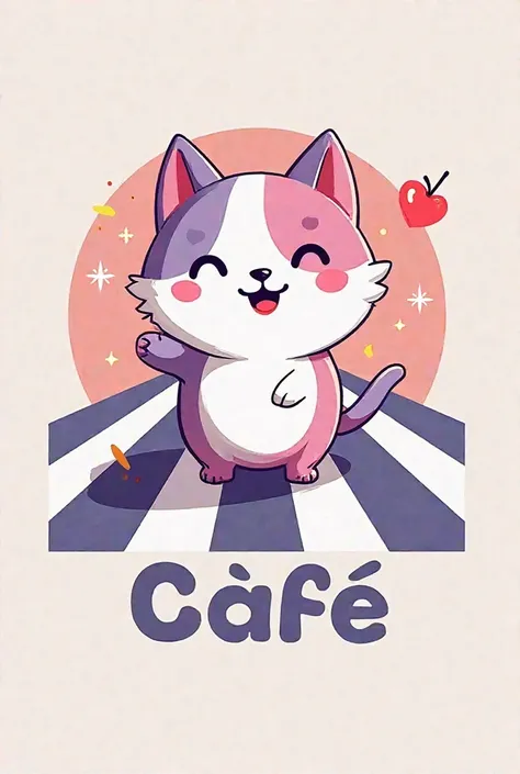 Create a logo for me in the crosswalk of a restaurant with a cat as drawn in pink purple white colors (jasne barwy) with a note on the logo "Bubble Cafe" 