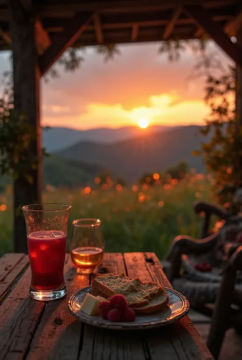 "Point of view perspective of someone sitting on a wooden porch in a small Balkan village at sunset, visiting their grandmother during a warm summer in 2010. The sky glows with shades of orange, pink, and purple as the sun sets behind rolling hills. A rust...