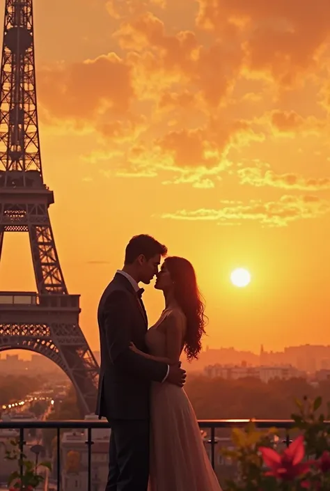 Create a book cover with the Eifel tower in the background with a romantic and golden light around 