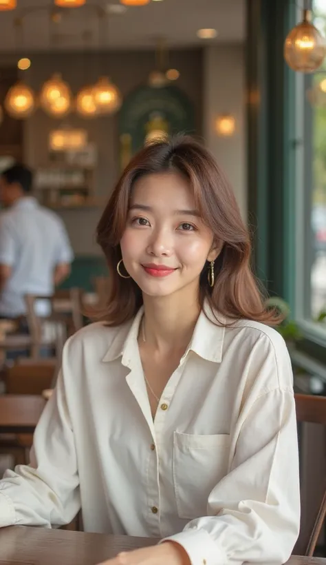 Ultra High Definition, masterpiece, Highest quality, 16k, Japanese Female、Housewife in her 30s 、 woman relaxing in a cafe 、  Look at Me and Laugh、 beauty、 long bob hair 、light brown hair、double eyelid、 natural cosmetics、lip gloss、 Casual and Elegant Clothe...