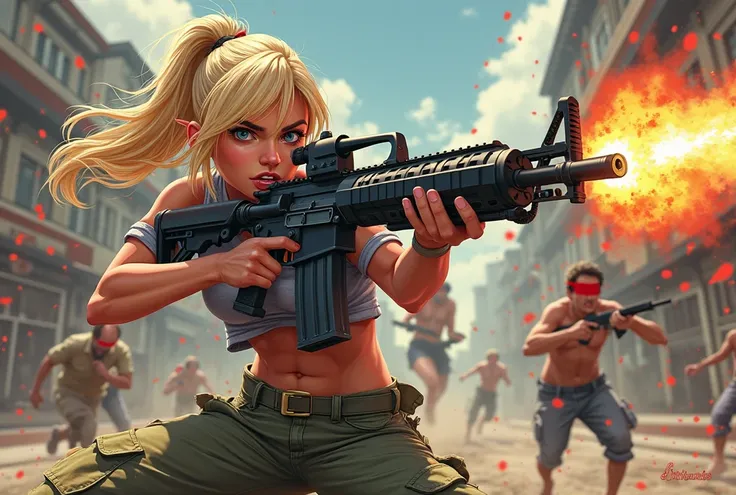  view from above , Sexy blonde girl with strabismus in a military jersey and military pants holds a heavy machine gun and shoots at the building, it's very hard for her, in the background, people with red bandages on their foreheads run away,  in cartoon s...