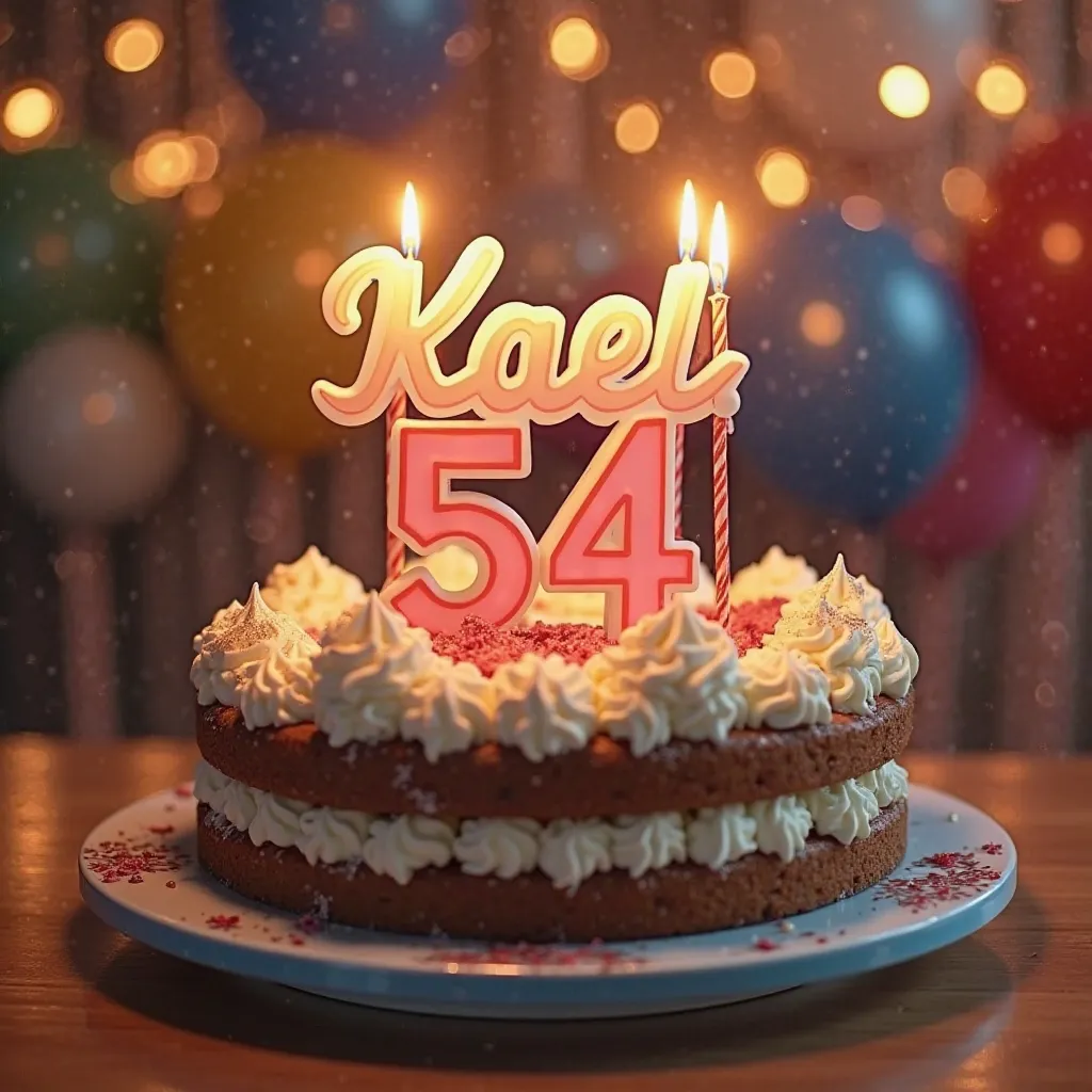  birthday cake, decorated with cream and 'Kael 54' candles,  holiday atmosphere ,  bright colors , candles are burning, cake on a beautiful platter, background with balloons and garlands, realistic style, high detail, 4K.