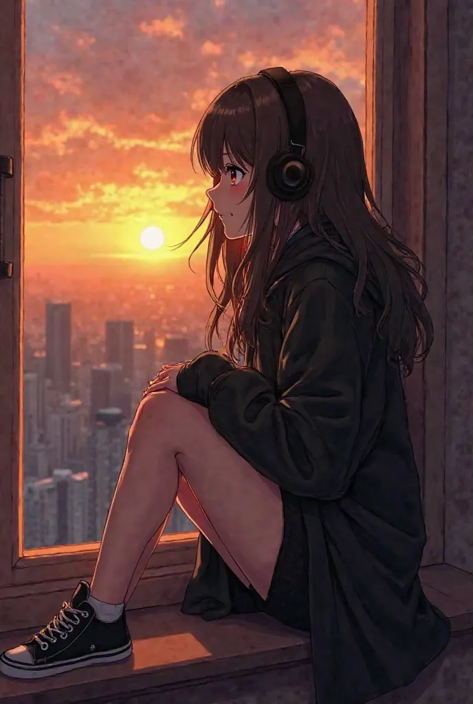 A girl with hair down her shoulders and NO BANGS ,  dark brown hair, white, brown eyes, outlined under the eyes in black, Sitting watching the sunset from her window ,black coat and black headphones,  short black, with black converse,for profile picture 