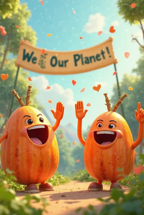 The s all high-five each other with big grins, celebrating their efforts to keep the environment clean. Confetti (made of biodegradable materials) flies in the air as a banner reading 'We Love Our Planet!' waves in the background. The Pixar-style animation...